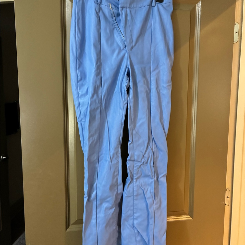 PrettyLittleThing Powder Blue Leather Straight Leg Pants